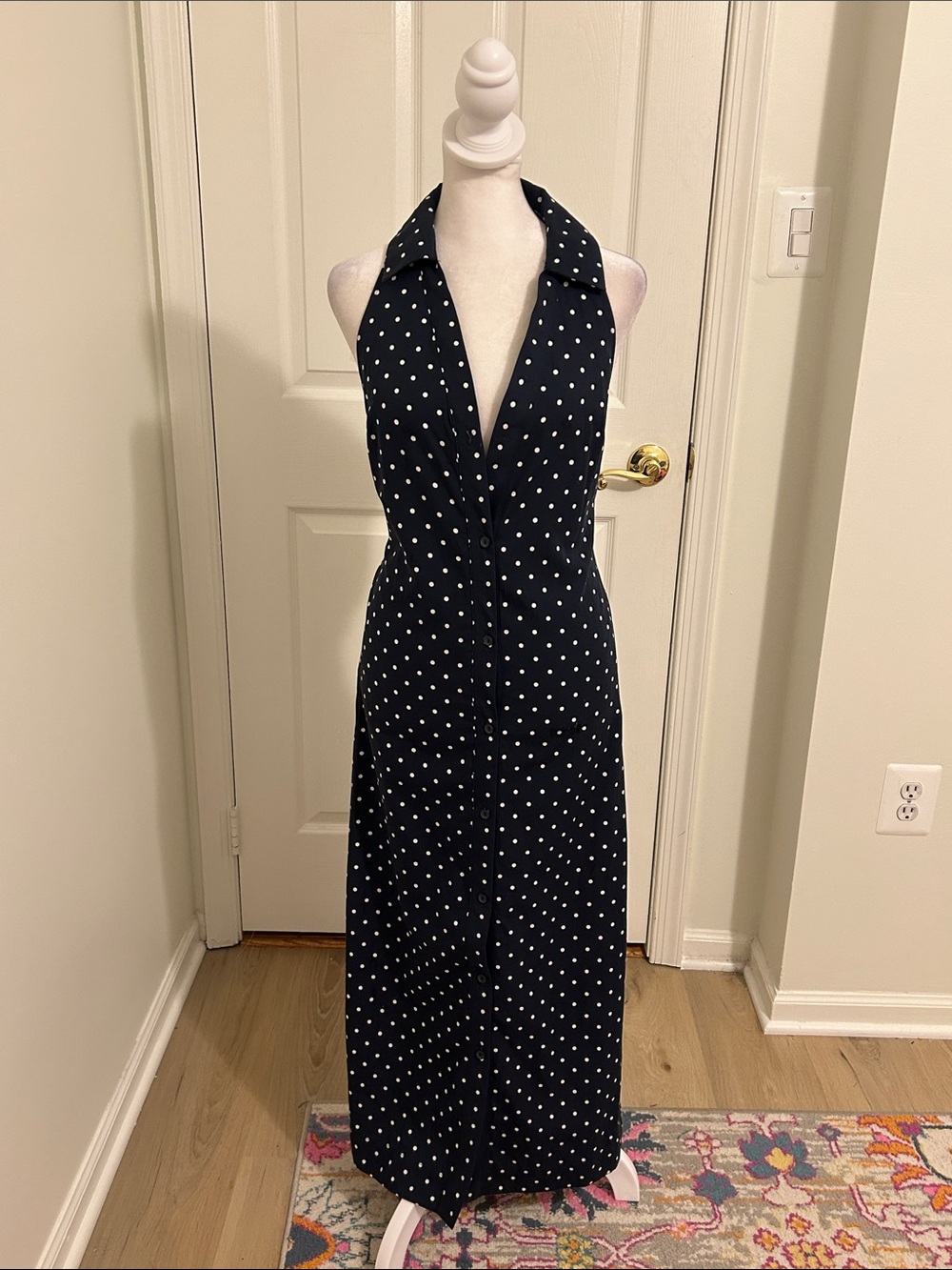 Anthropologie Maeve Halter Slim Midi Button Down Dress Polka Dot Blue Size XS - Picture 4 of 12